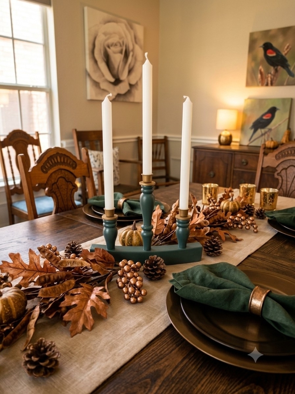 Three-arm Wooden Candelabra Taper Candle Holder Dark Green Gold Metal Cups